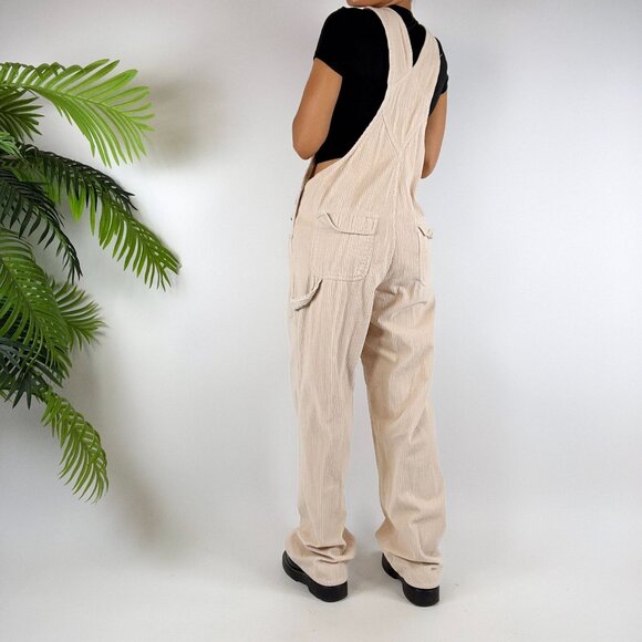 Vintage 90s Cream Indie Cottagecore Granola Girl Corduroy Cargo Overalls / Sz: M - Picture 3 of 8